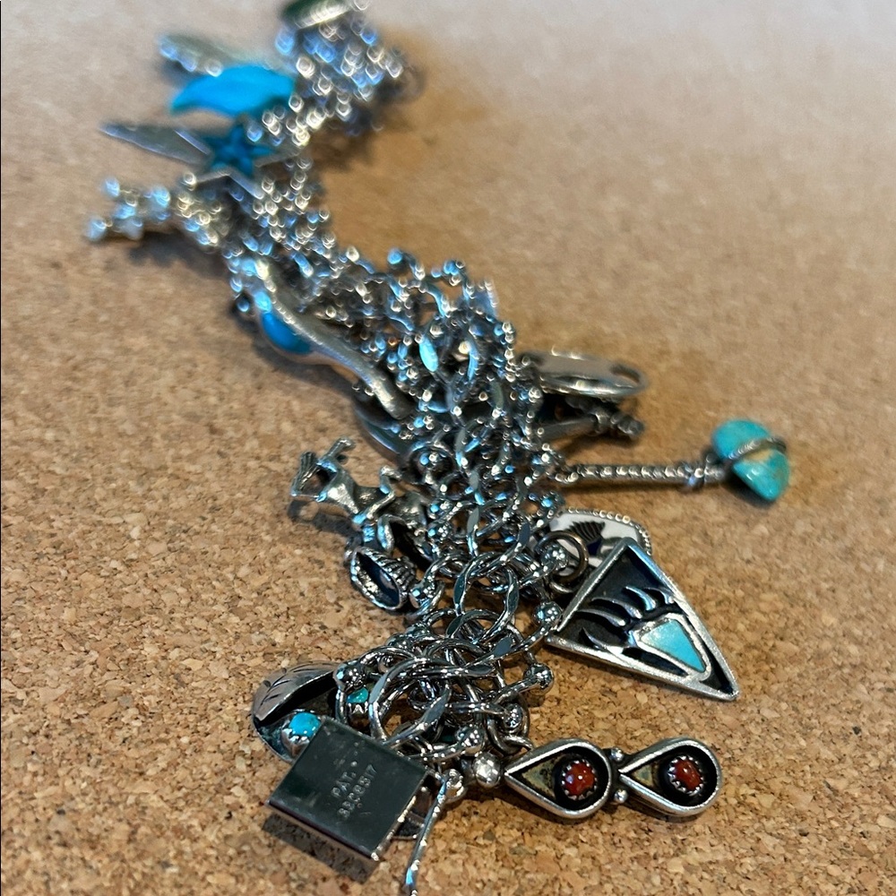 NAVAJO STERLING SILVER
CHARM BRACELET 7.5" TURQUOISE WITH 20ster/turq/etc charms - Picture 6 of 7